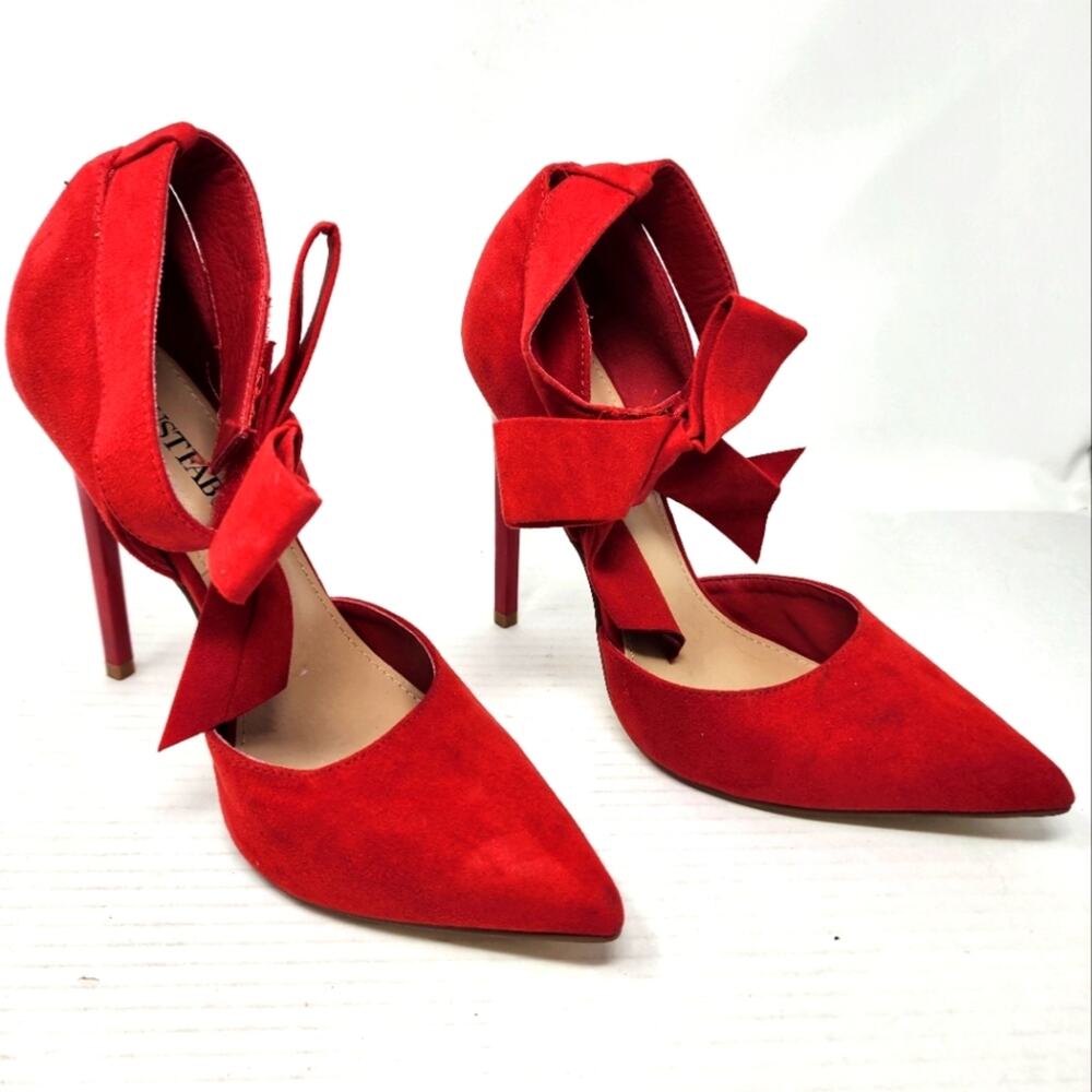 Just‎ Fab Red Bow Stilettos Heels Ankle Strap Pointed Toe Heels Women's Size 9